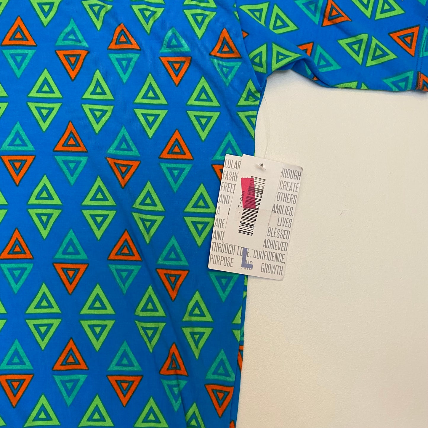 LuLaRoe Irma High-Low S/s Tunic | L (14-16) | Blue/Green/Orange Triangles | NWT