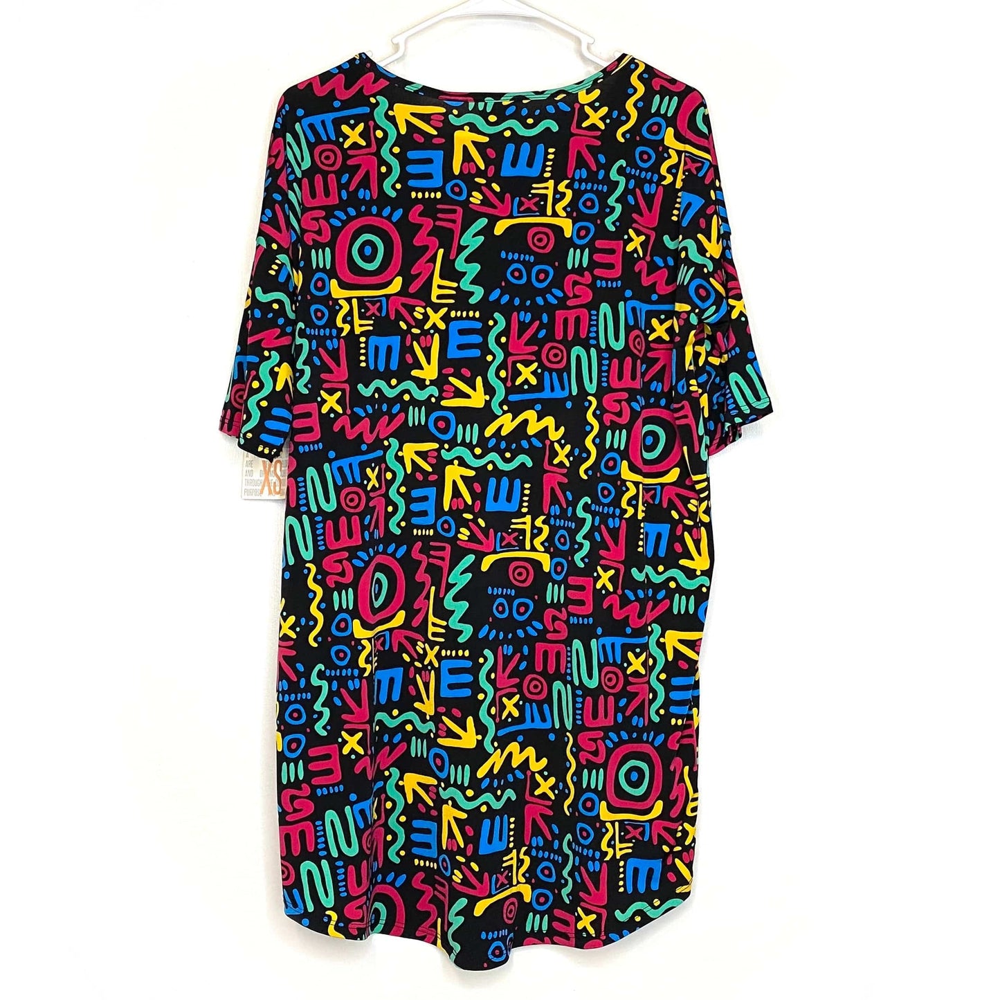 LuLaRoe Womens XS Irma Multicolor/Black Graffiti Pattern S/s Tunic Top NWT