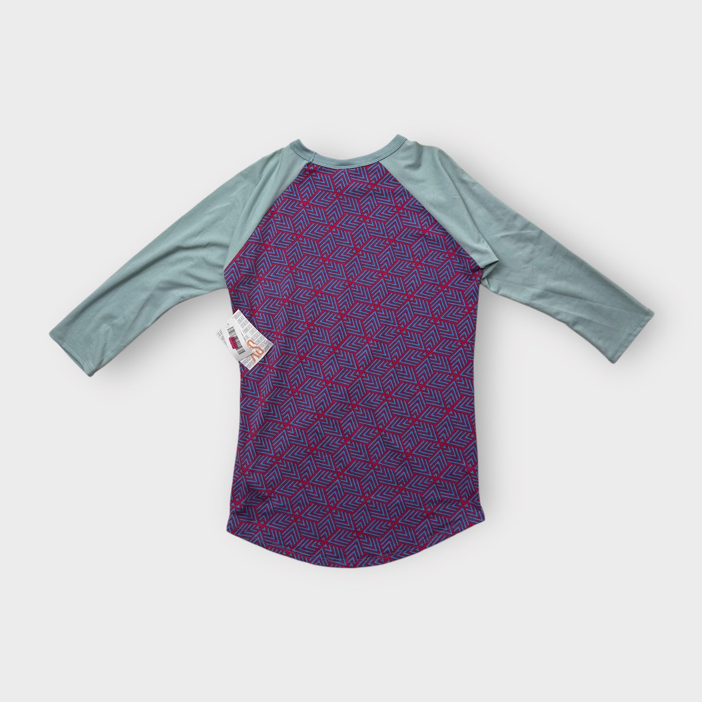 LuLaRoe Randy Tee XS (0-2) - Burgundy & Blue Geometric Print with Sage Green Raglan Sleeves - Soft Stretch Polyester Spandex