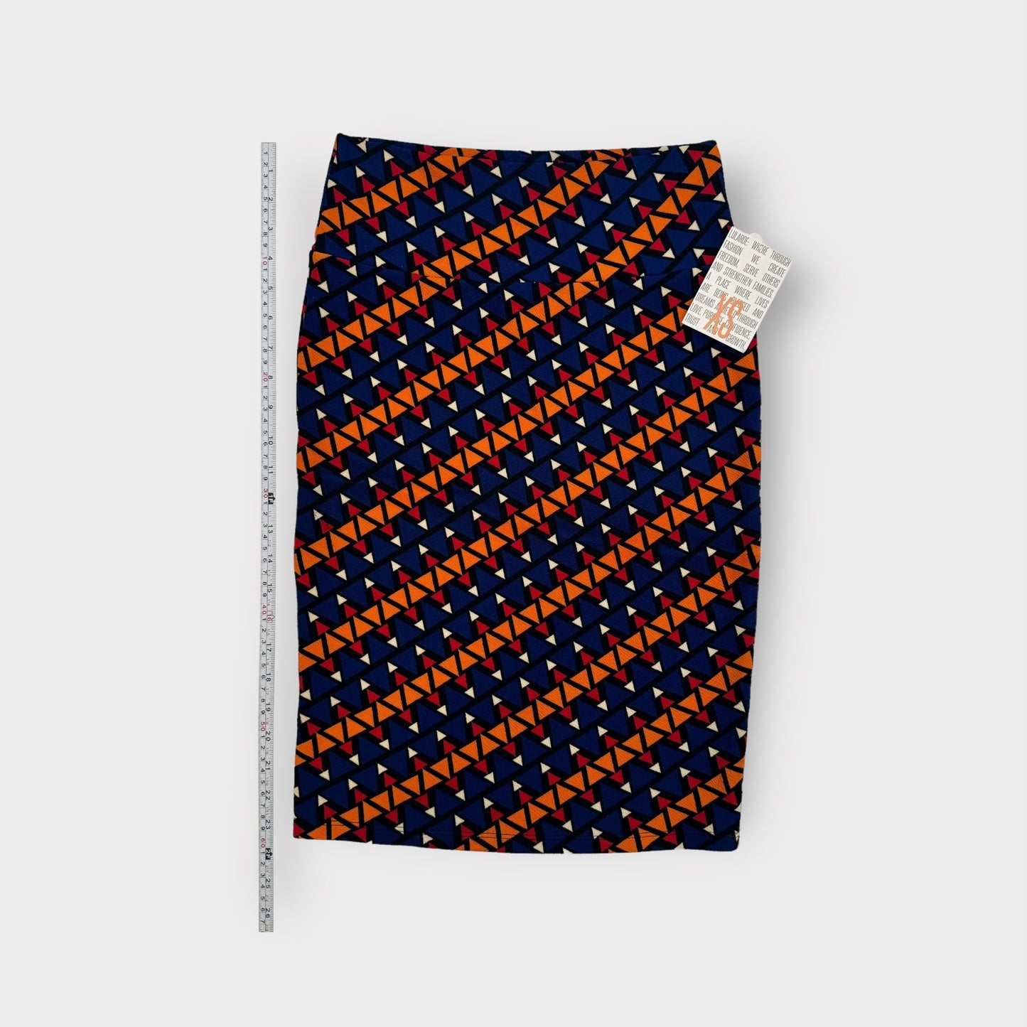 LuLaRoe Cassie Pencil Skirt | XS (2-4) | Blue/orange/red | Geometric/Triangles | NWT