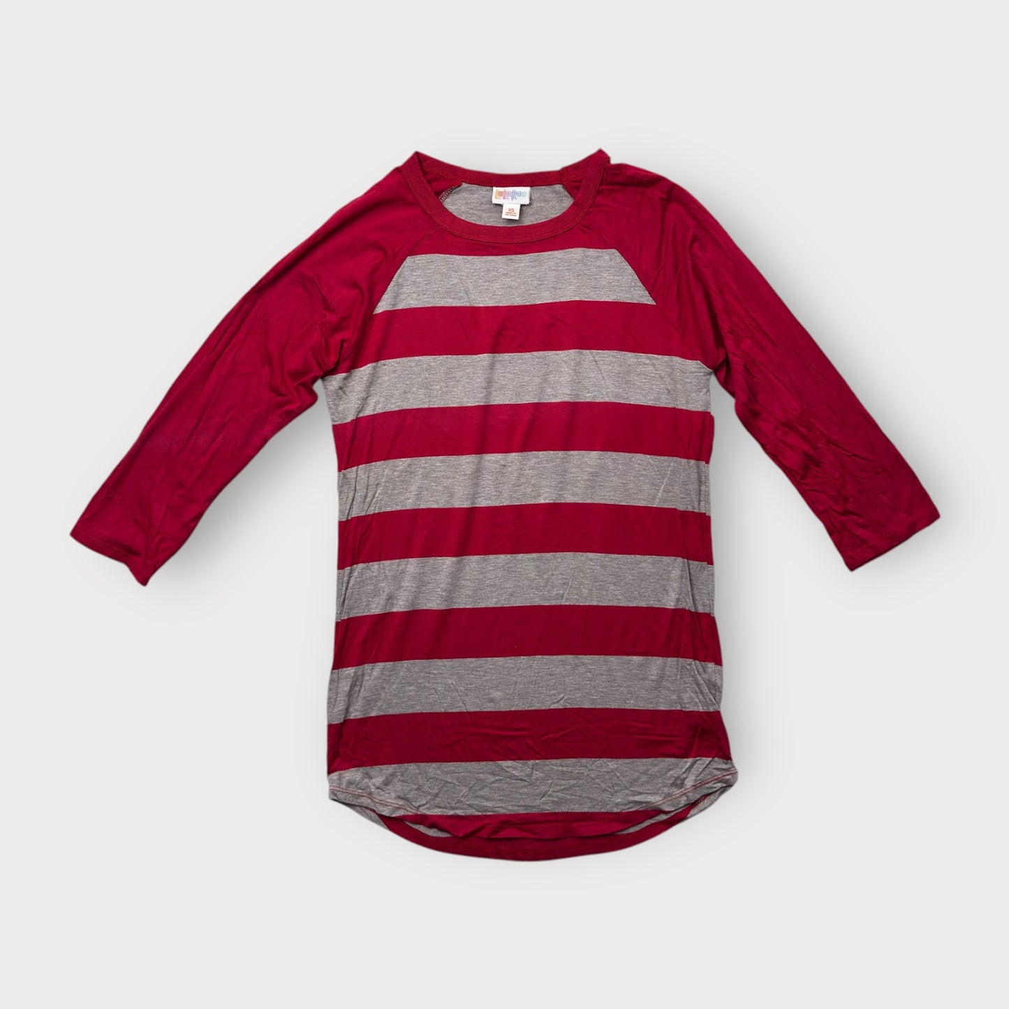 LuLaRoe Randy Tee XS (0-2) - Burgundy and Gray Striped Raglan - Soft Stretch Rayon Spandex Blend