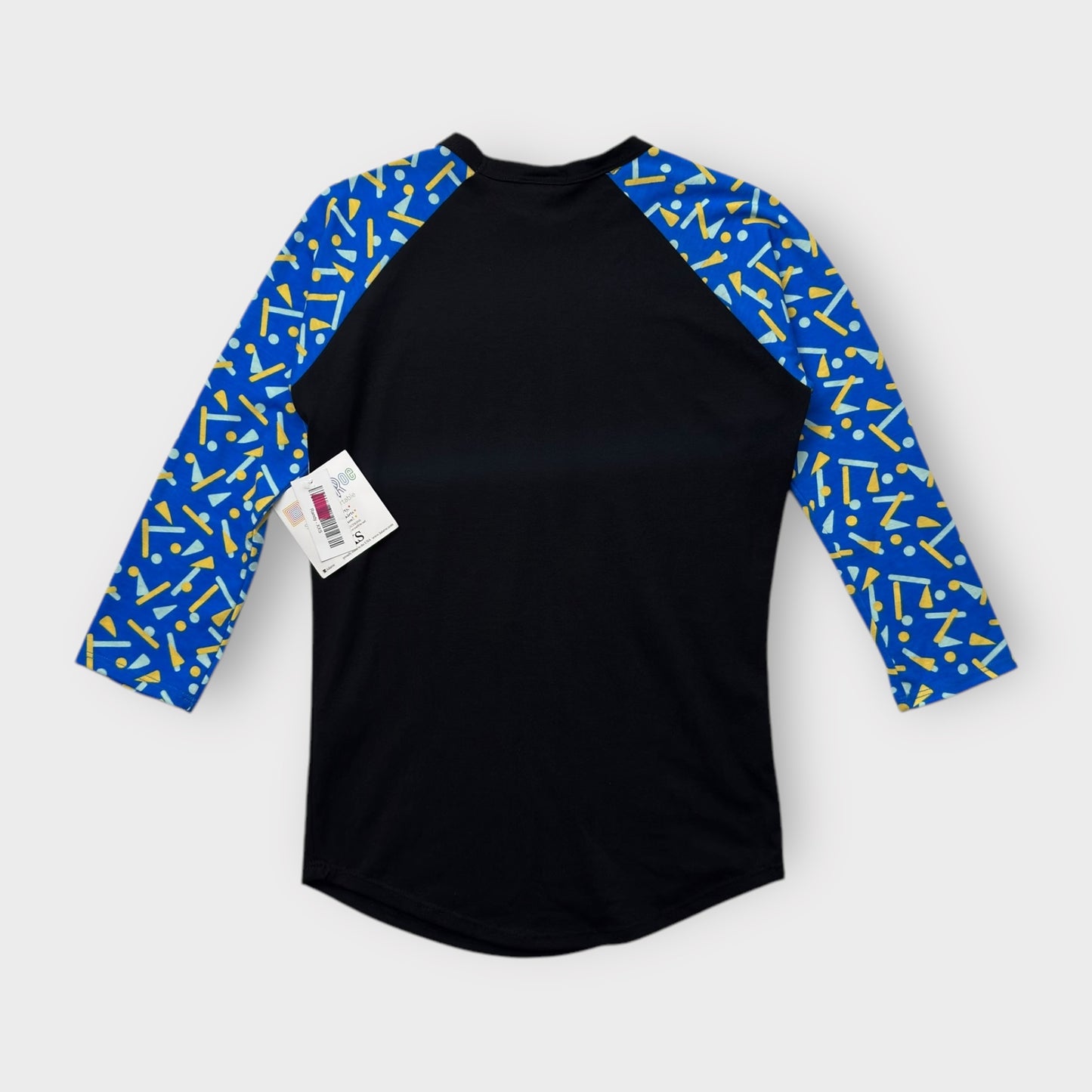 LuLaRoe Randy Tee XXS (00) - Black with Blue & Yellow Abstract Print Sleeves - Soft Stretch Fabric