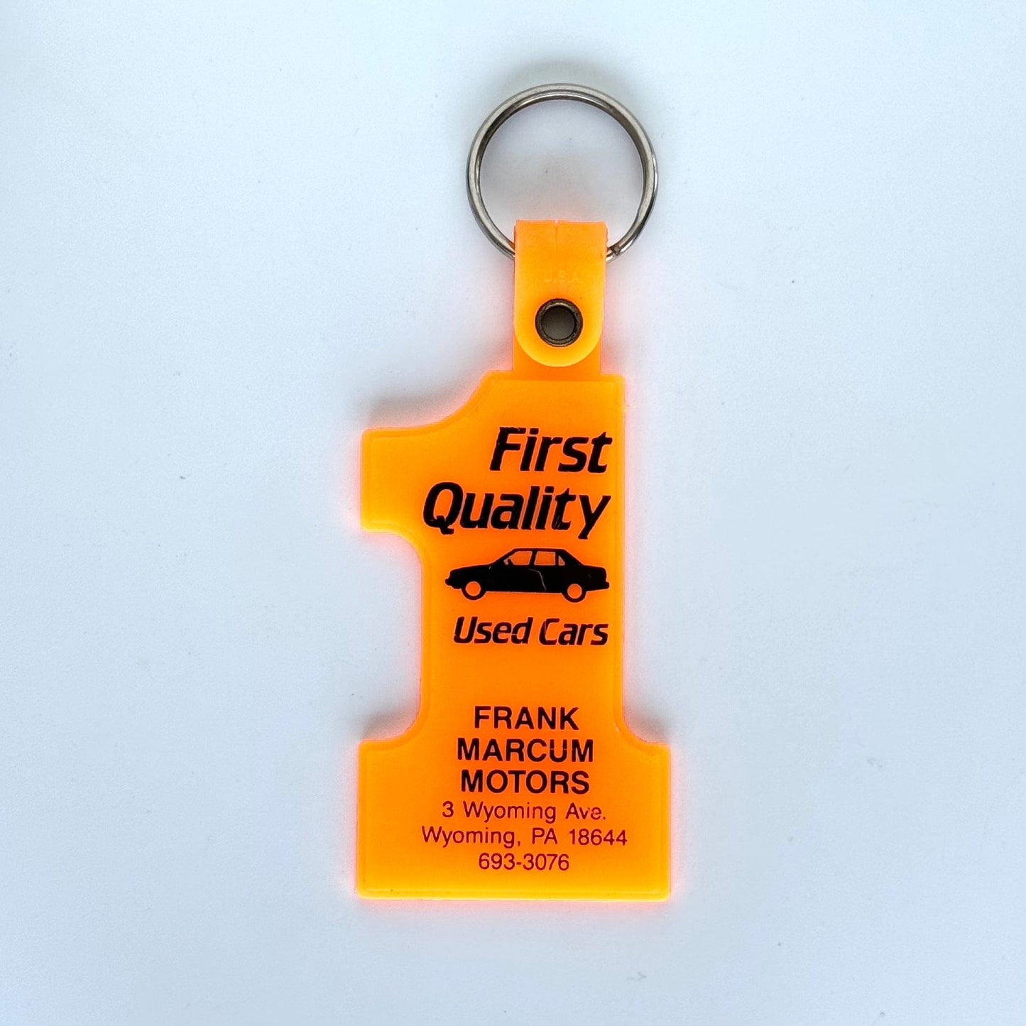 Vintage ‘Frank Marcum Motors - Wyoming, PA’ Keychain Key Ring Neon Orange Plastic #1 EUC