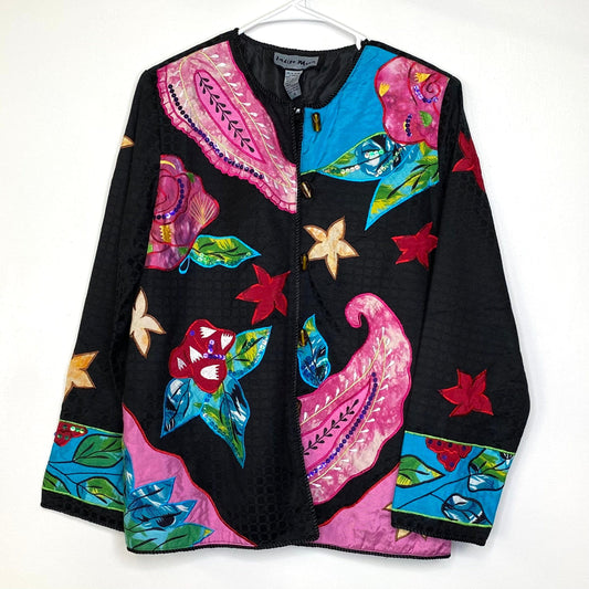 Flattering Indigo Moon Womens Embroidered & Embellished Button-Up Jacket Size Small Floral Black