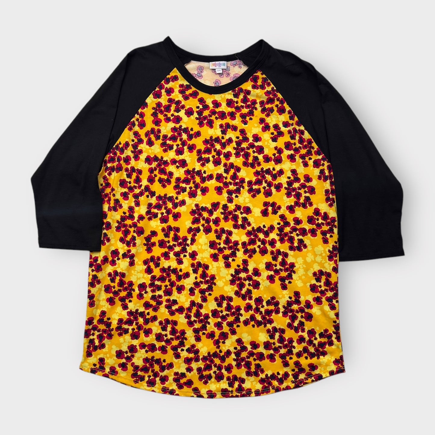 LuLaRoe Randy Baseball Tee 3XL (24-26) - Yellow/Red Floral Print with Black Sleeves - Soft Stretch Fabric