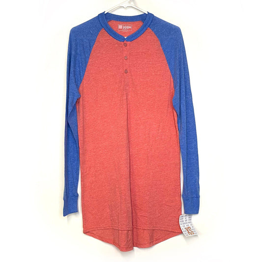 LuLaRoe Unisex Size XS Heather Red/Blue Mark Colorblock Henley Shirt L/s NWT