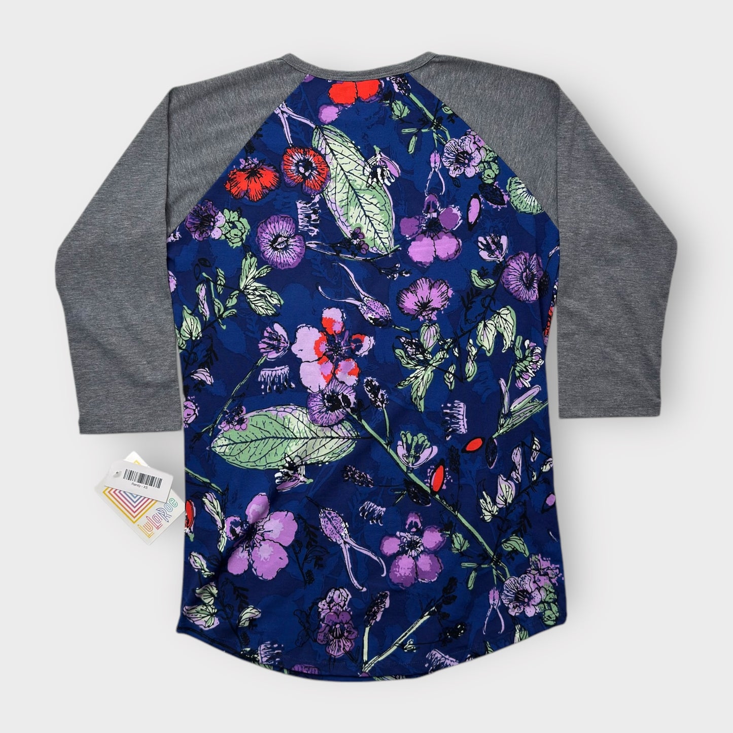 LuLaRoe Randy Raglan Baseball Tee XS (0-2) - Navy Blue/Purple Floral Print with Gray Sleeves - Soft Stretch Fabric