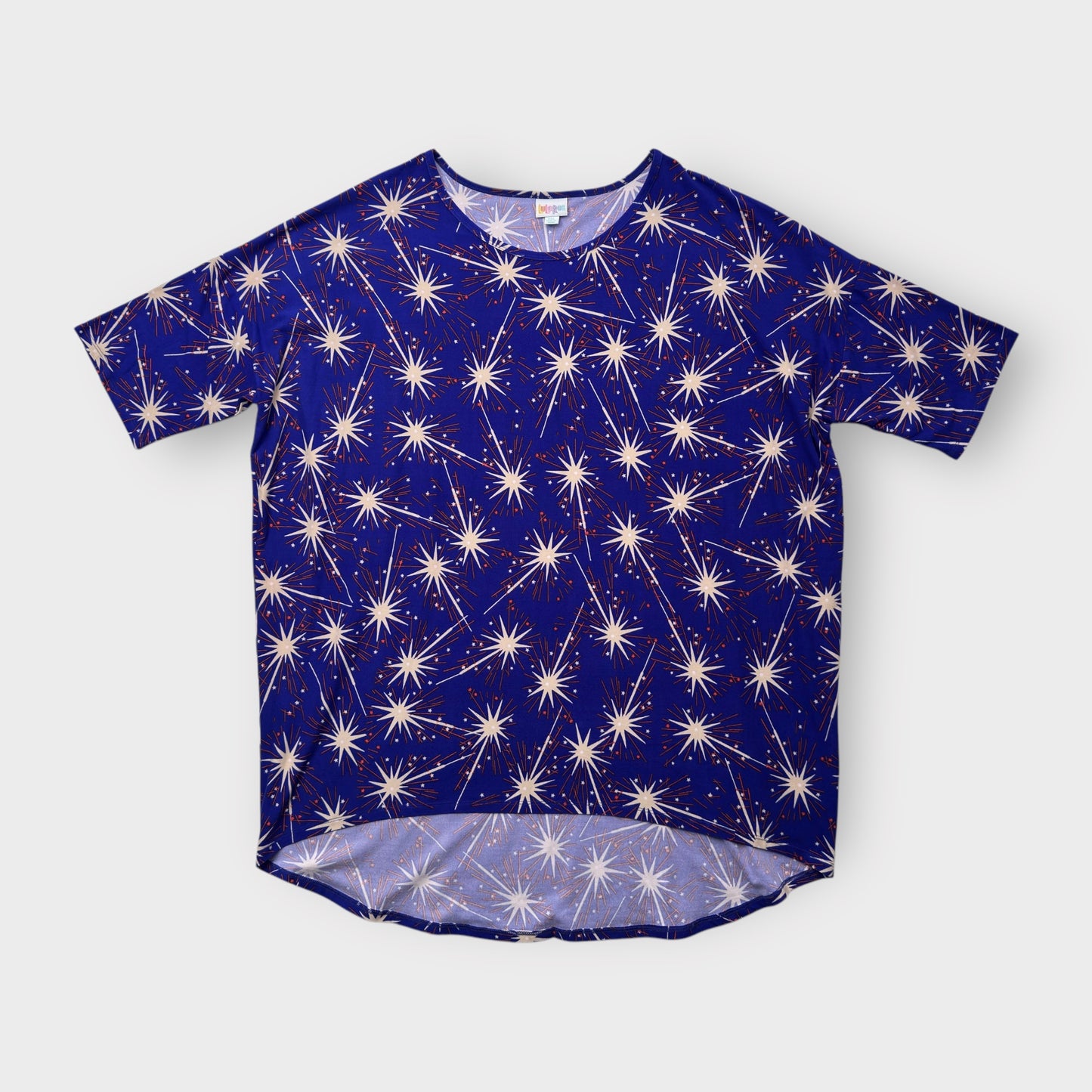 LuLaRoe Irma Tunic Top - Royal Blue with Fireworks & Stars Print - 2XL (20-22) - Soft Stretch Polyester Spandex - High-Low Hem