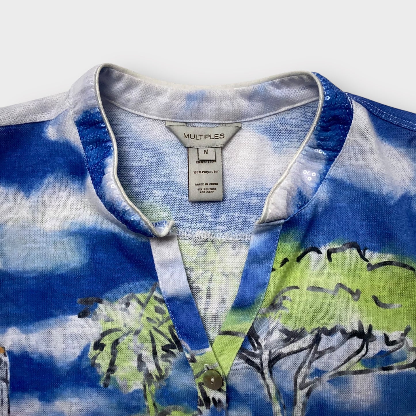 Multiples Womens Artistic Print Blouse | Size M | Watercolor Cityscape | Lightweight Polyester | EUC