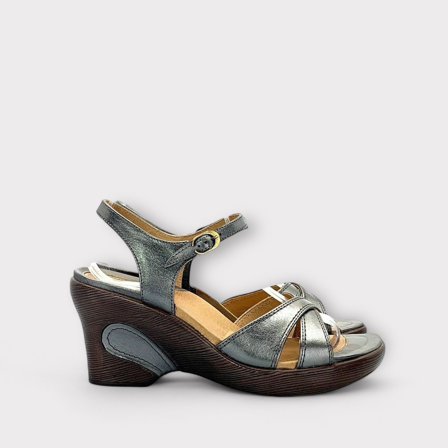 Sanita Womens Sabina Sandals | Size 39 (US 8.5) | Silver Leather | Buckle Strap | Wedge Heel