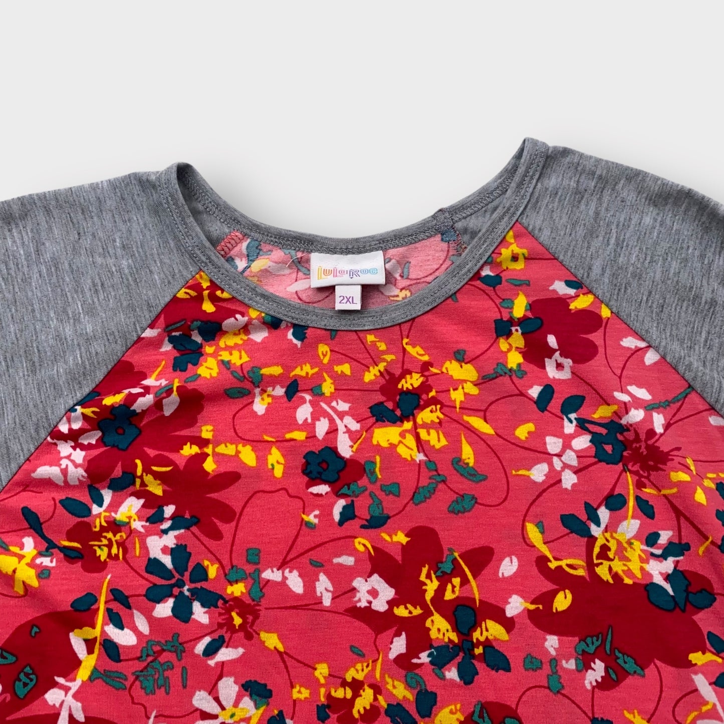 LuLaRoe Randy Baseball Tee 2XL (20-22) - Red/Pink/Yellow Floral Print with Heather Gray Sleeves - Soft Stretch Fabric