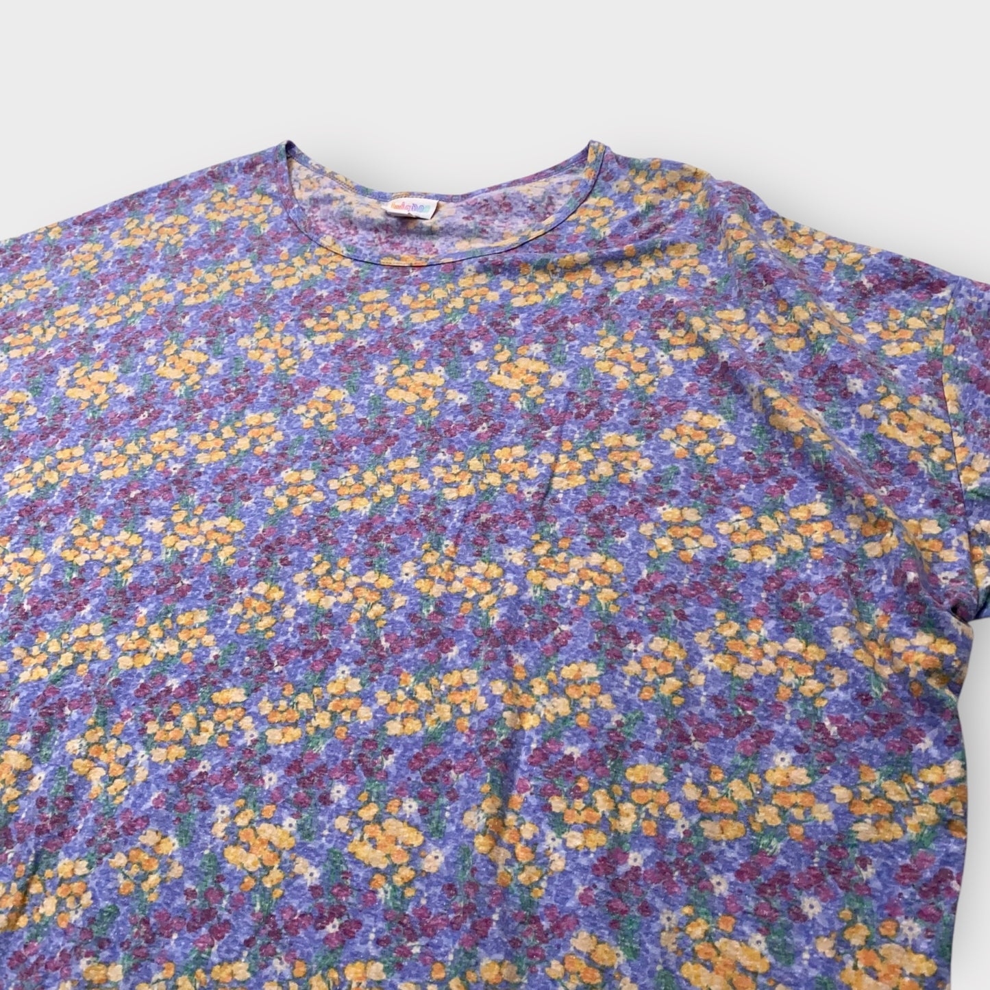 LuLaRoe Irma Tunic Top - Purple Yellow Floral - Women's 3XL (24-26) - High-Low Hem - Short Sleeve