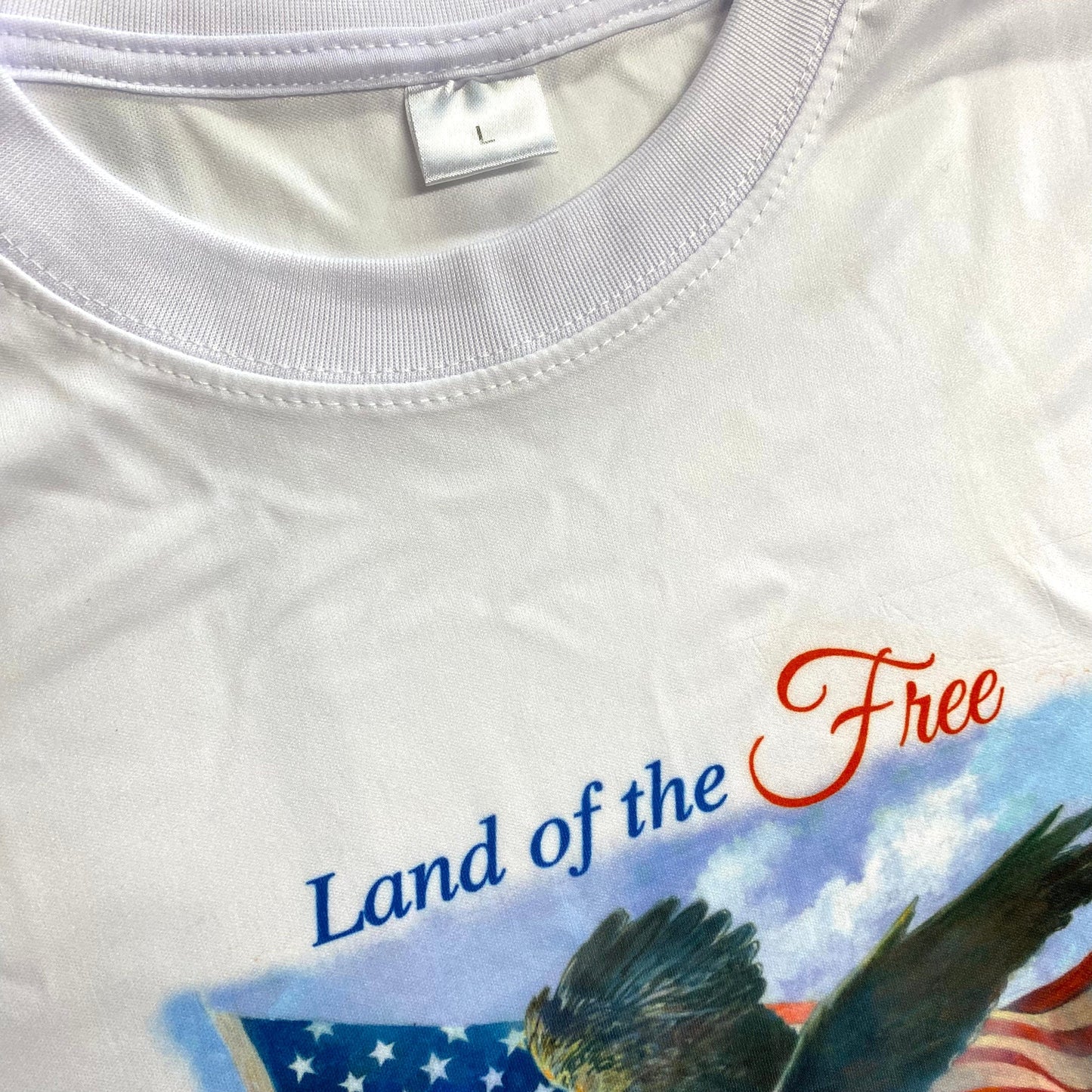 Men's White Short Sleeve T-Shirt with Patriotic Eagle Graphic - Size L - 'Land of the Free, Home of the Brave' - EUC