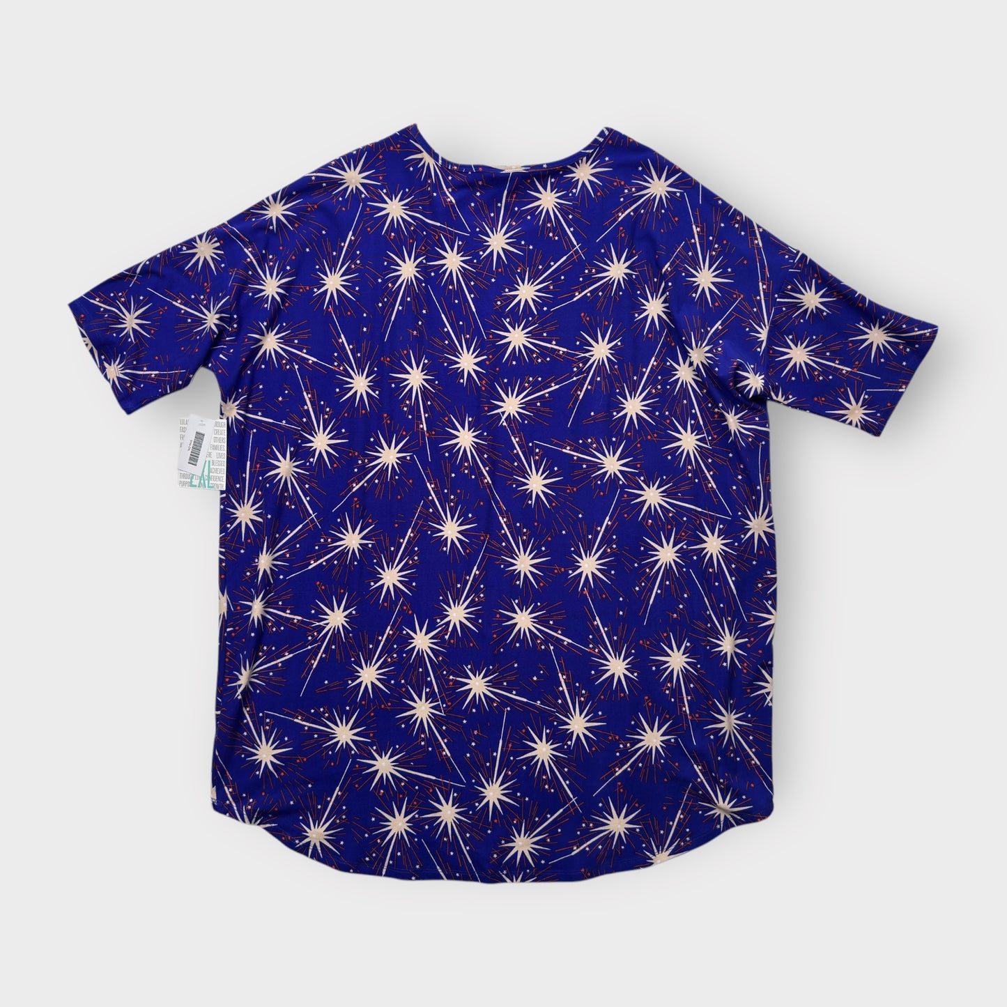 LuLaRoe Irma Tunic Top - Royal Blue with Fireworks & Stars Print - 2XL (20-22) - Soft Stretch Polyester Spandex - High-Low Hem