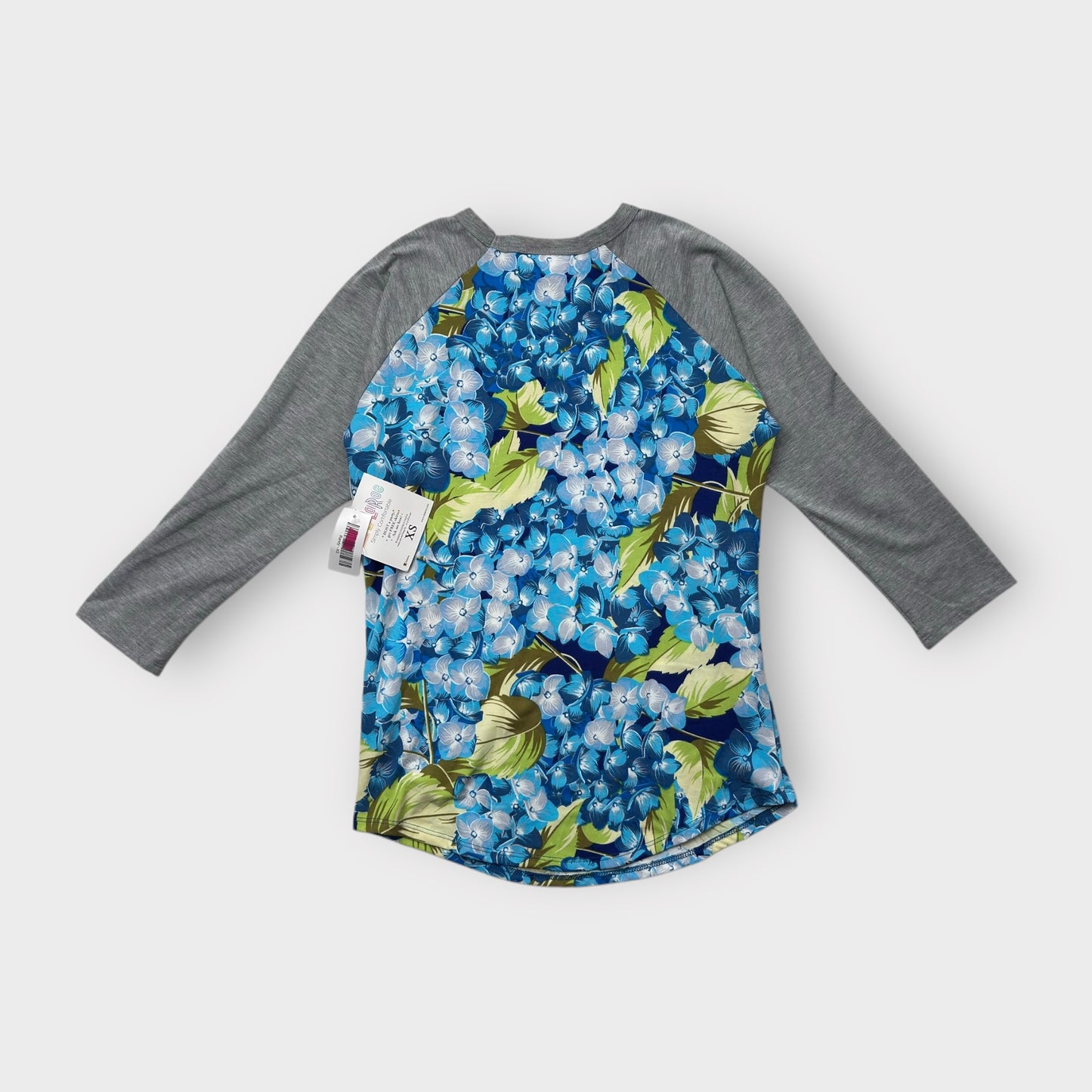 LuLaRoe Randy Tee XS (0-2) - Blue & Green Hydrangea Floral Print with Gray Raglan Sleeves - Soft Stretch Fabric