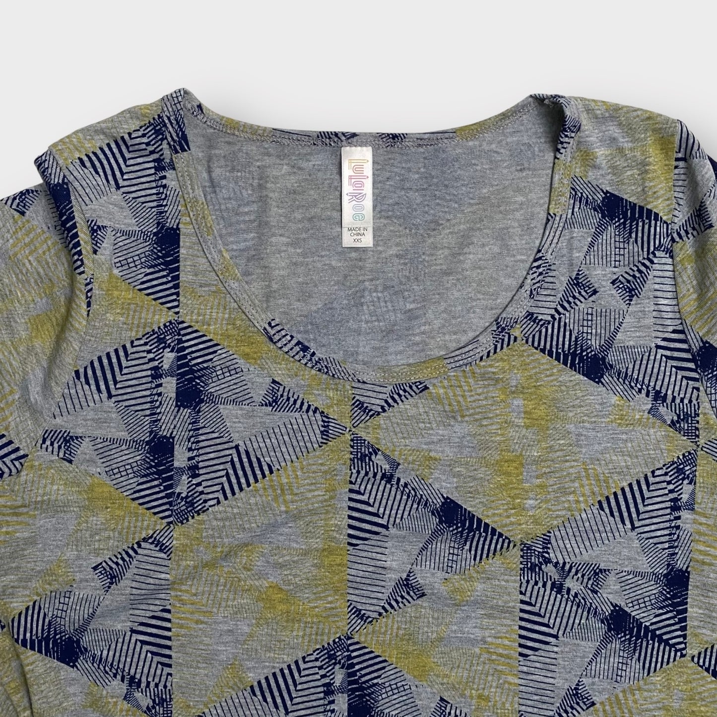 LuLaRoe Perfect T Swing Top | XXS (0-6) | Gray/Blue | Geometric | NWT