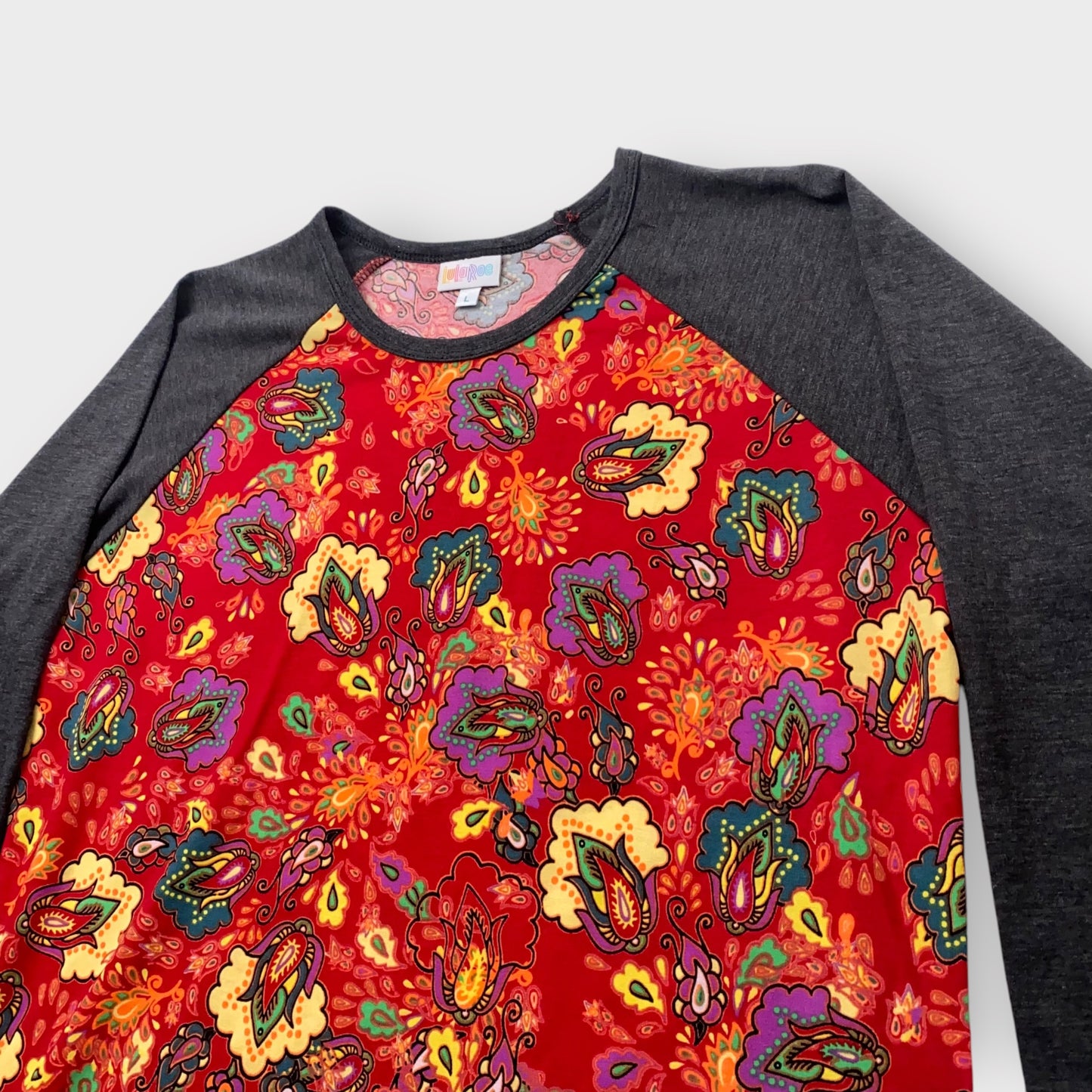 LuLaRoe Randy Baseball Tee L (12-14) - Red/Yellow Paisley Floral Print with Charcoal Gray Sleeves - Soft Stretch Fabric