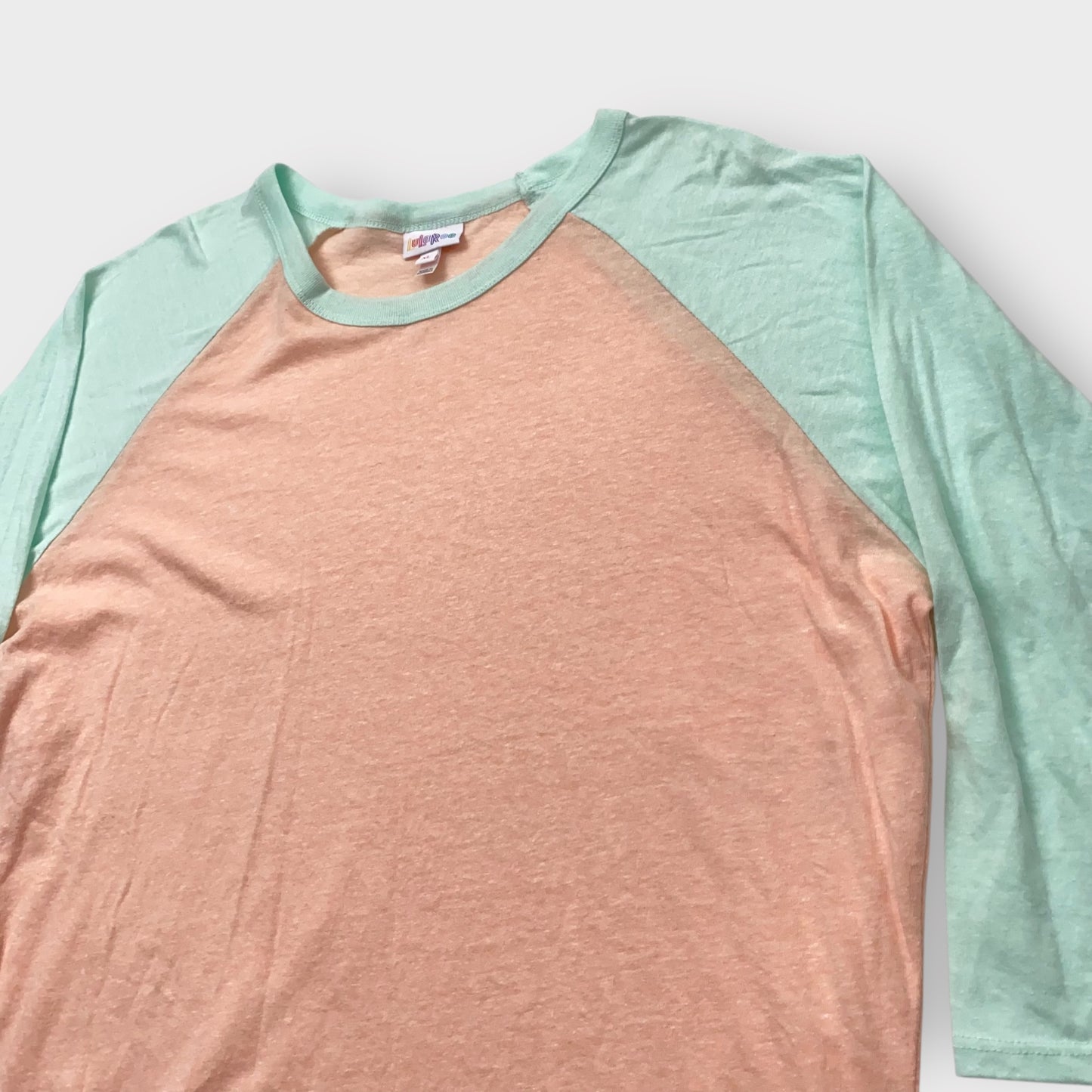 LuLaRoe Randy Baseball Tee XL (16-18) - Peach and Mint Color Block - Soft Stretch Fabric