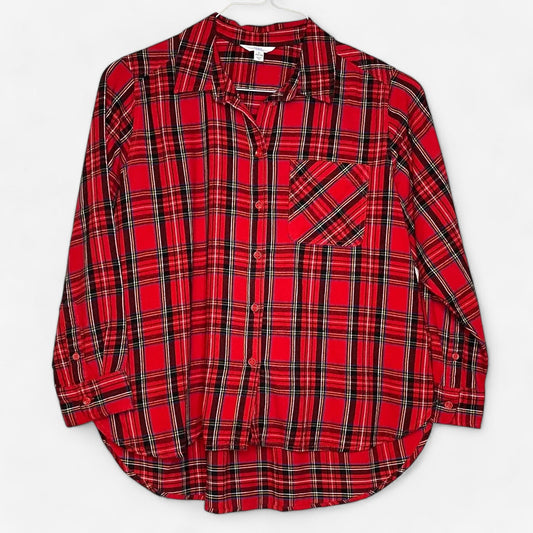 Women's Red Plaid Flannel Long Sleeve Button-Up Shirt - Size L (12-14) - Time and Tru - EUC