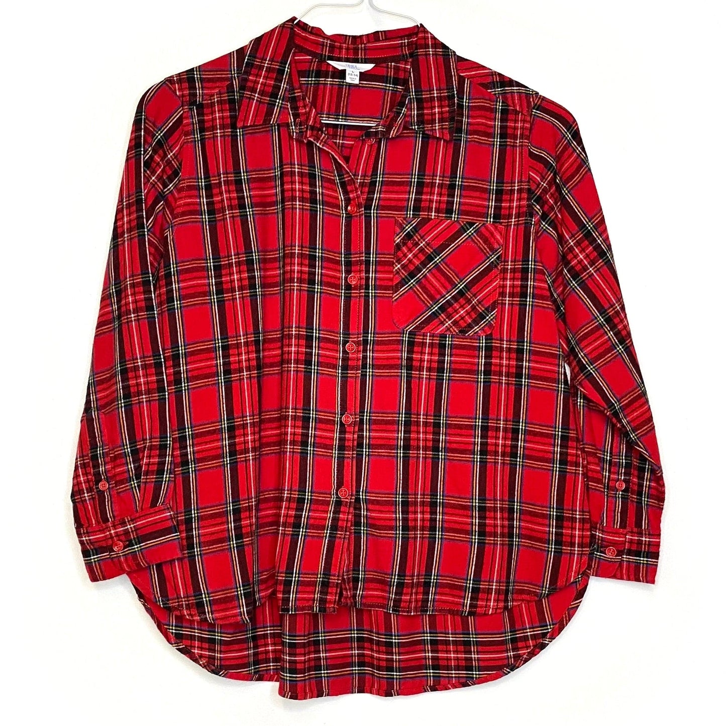 Time And Tru Womens Size L (12-14) Red Plaid Flannel Shirt L/s EUC