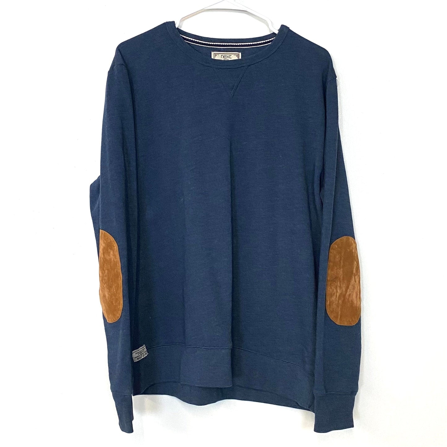 Stylish Next Mens Size L Grayish Blue Pullover Elbow-Patch Sweatshirt L/s