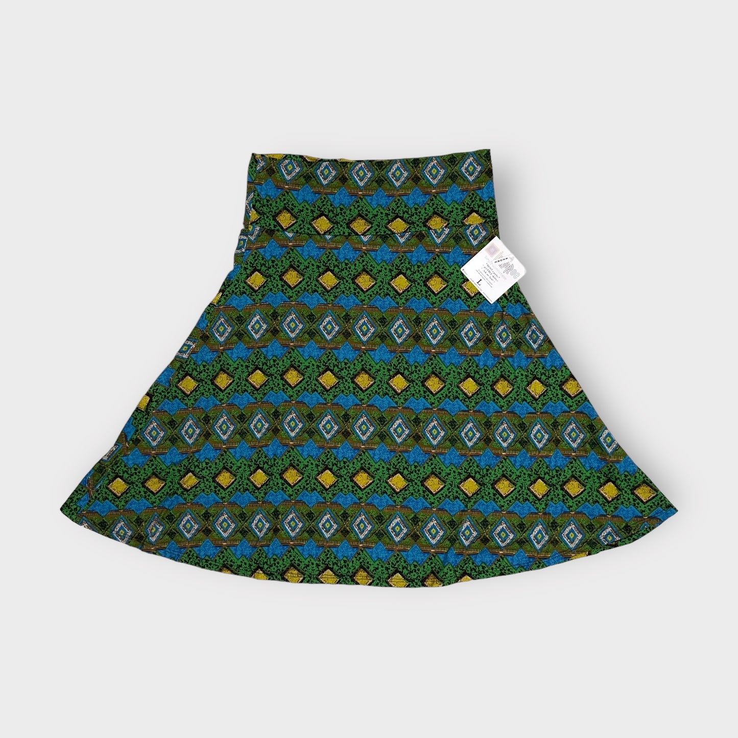 LuLaRoe Azure A-Line Skirt | L (10-12) | Green/Blue/Yellow Geometric | NWT