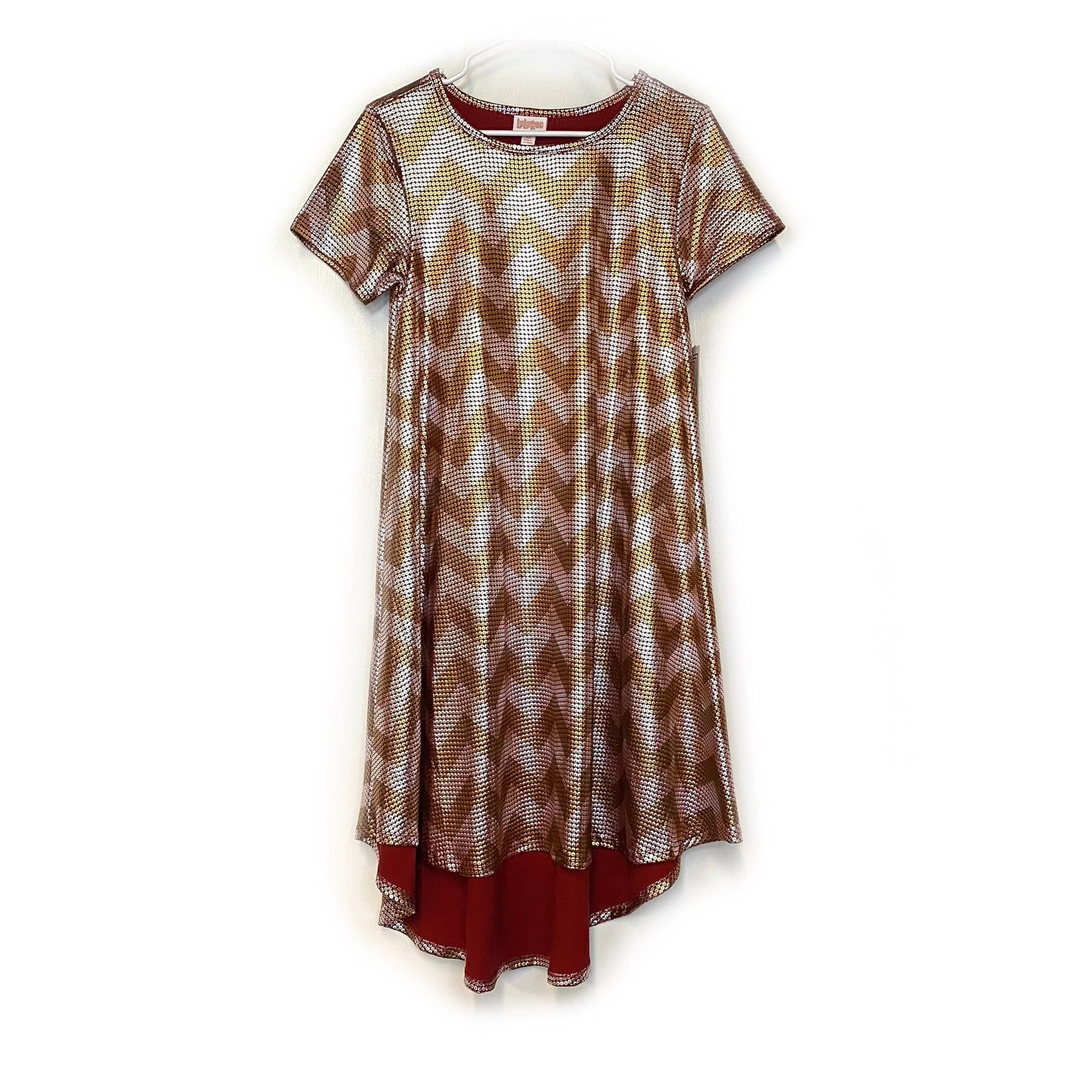 LuLaRoe Womens XS Red/Silver/Gold Metallic Chevron ELEGANT 'Carly' S/s Swing Dress NWT