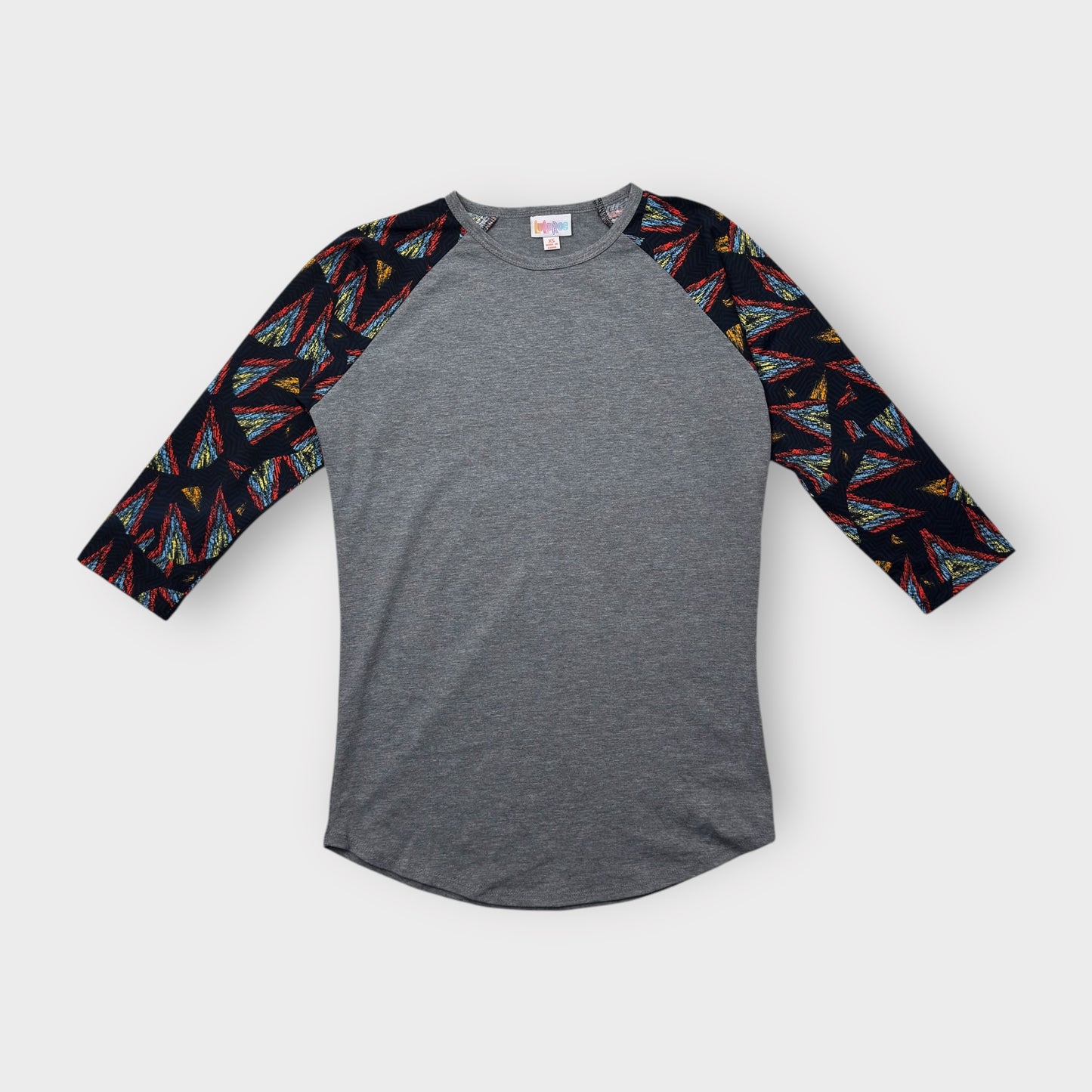 LuLaRoe Randy Tee XS (0-2) - Heather Gray with Black and Multicolor Abstract Print Sleeves - Soft Stretch Fabric