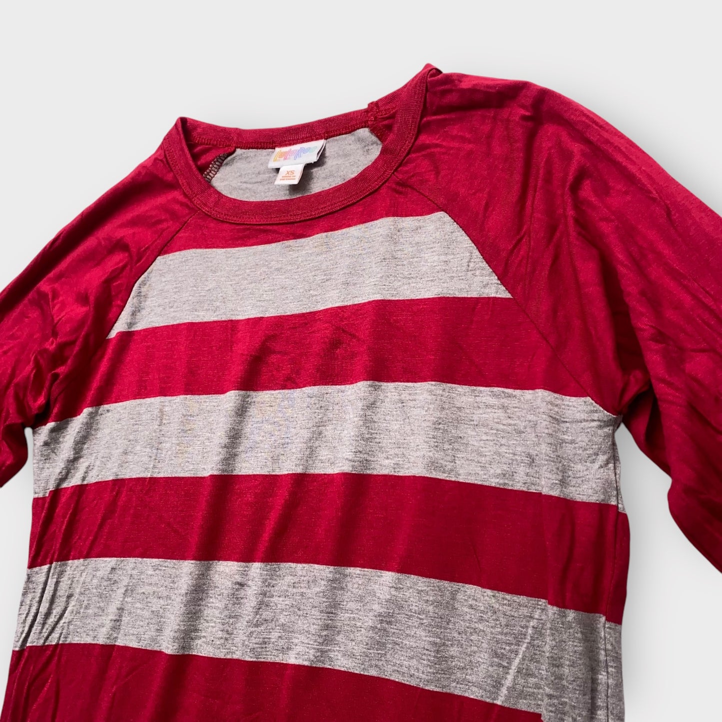 LuLaRoe Randy Tee XS (0-2) - Burgundy and Gray Striped Raglan - Soft Stretch Rayon Spandex Blend