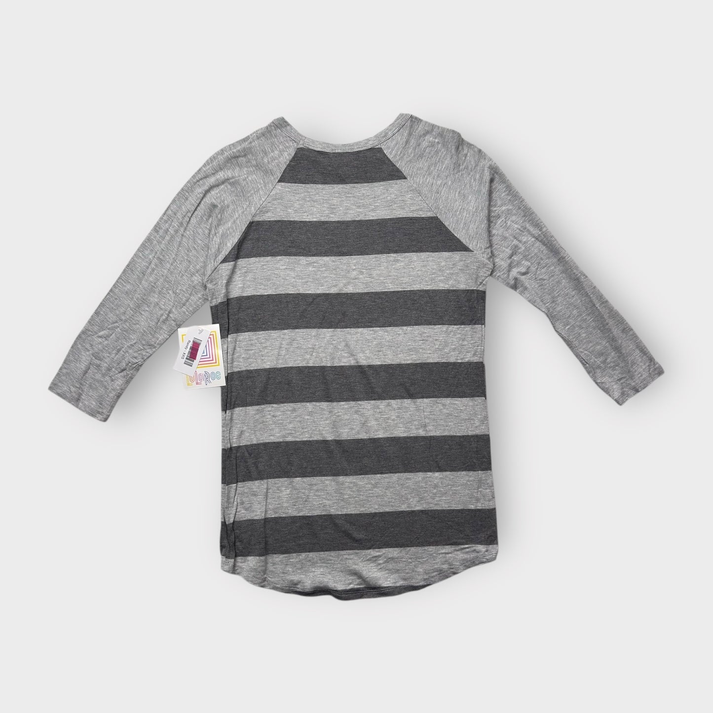 LuLaRoe Randy Tee XXS (00) - Gray and Black Striped Raglan - Soft Stretch Rayon Spandex Blend