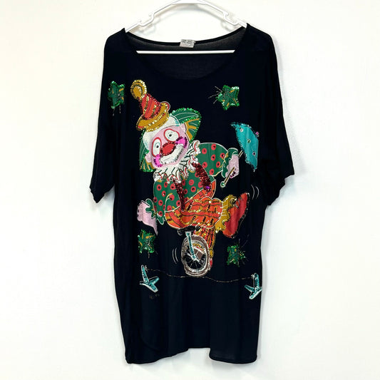 Bali Moon | Womens Sequined Clown T-Shirt Top | Color: Black | Size: XL* | Vintage/Pre-Owned