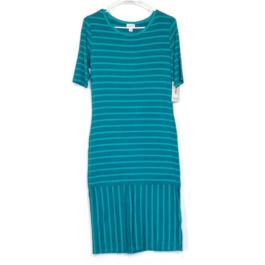 LuLaRoe Womens M Green/Green Striped Julia Shift Dress Scoop Neck ½ Sleeves NWT
