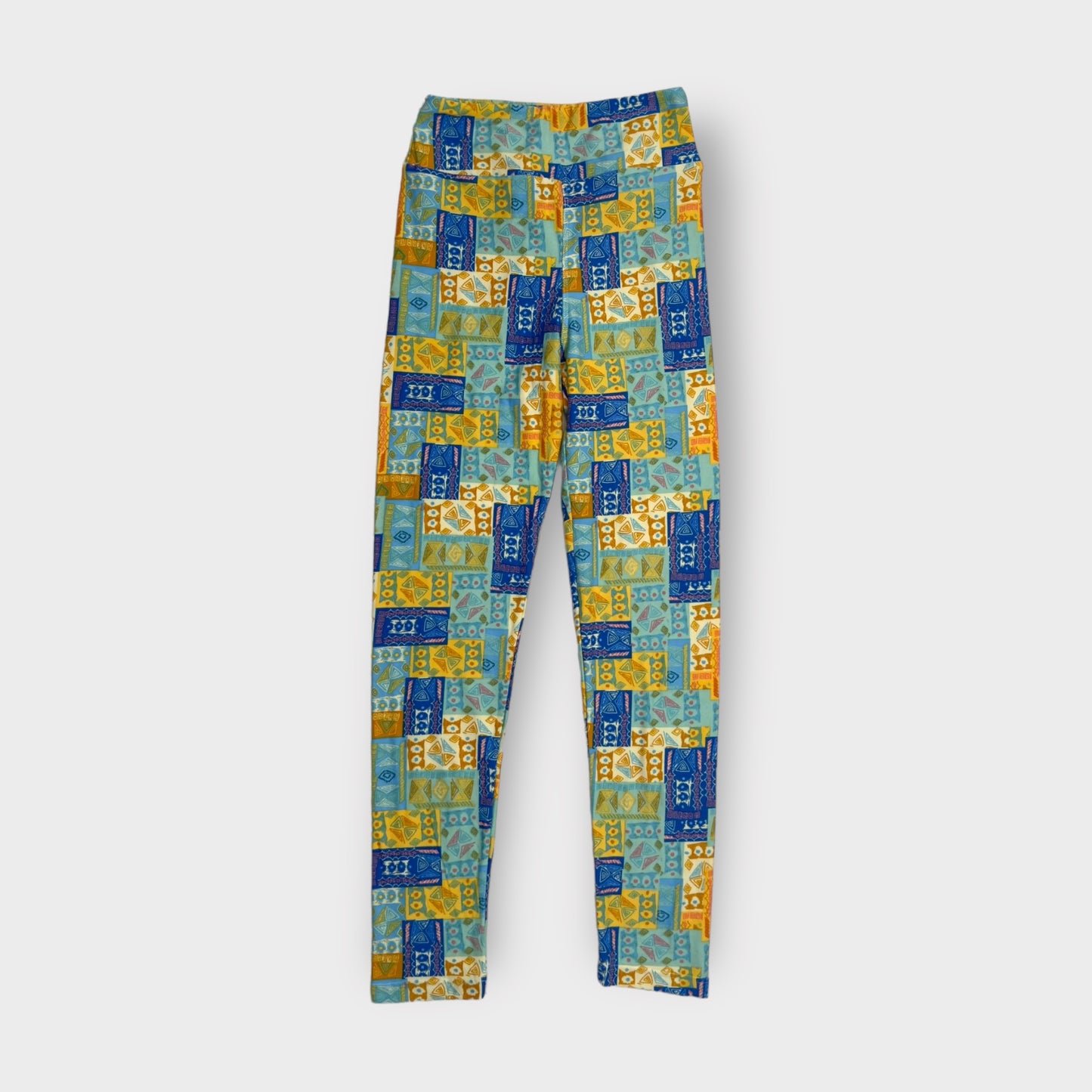 LuLaRoe Juniors Leggings | Tween (00-0) | Yellow/Blue Tribal Patchwork Print | Buttery Soft | New