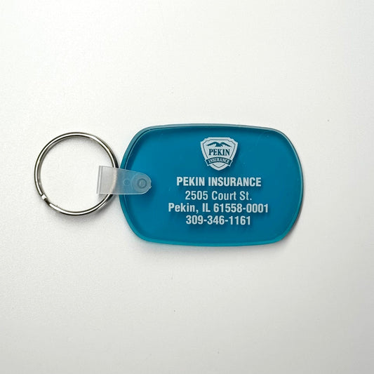 Vintage ‘Pekin Insurance - Pekin, IL’ Keychain Key Ring Blue Rubber Oval