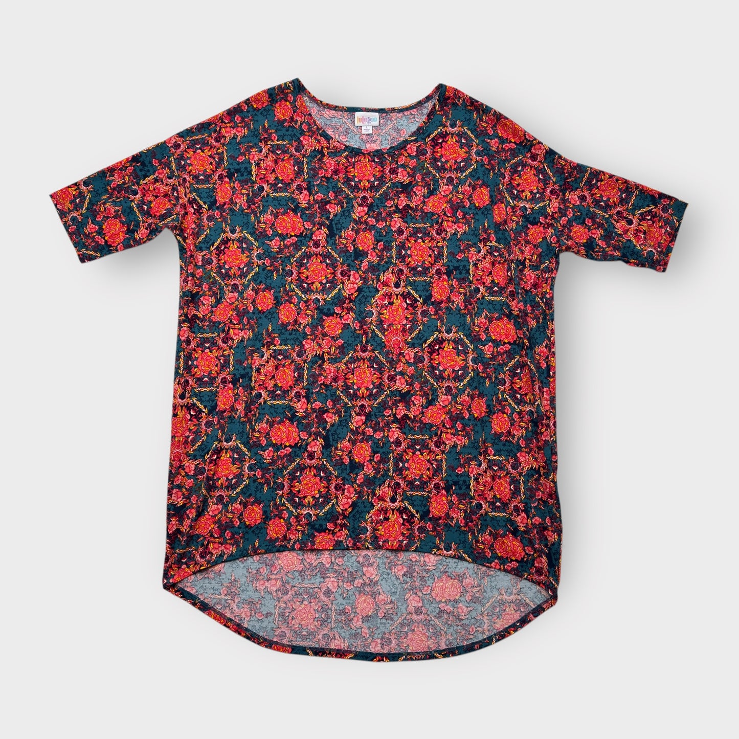 LuLaRoe Irma Tunic Top - Floral Medallion Print - Women's L (12-14) - High-Low Hem - Teal/Red