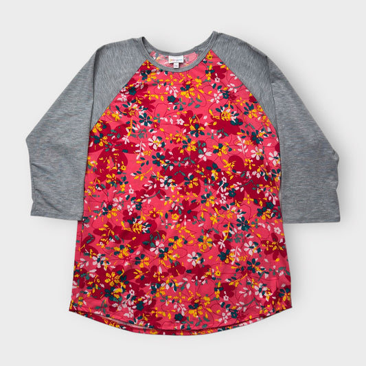 LuLaRoe Randy Baseball Tee 2XL (20-22) - Red/Pink/Yellow Floral Print with Heather Gray Sleeves - Soft Stretch Fabric