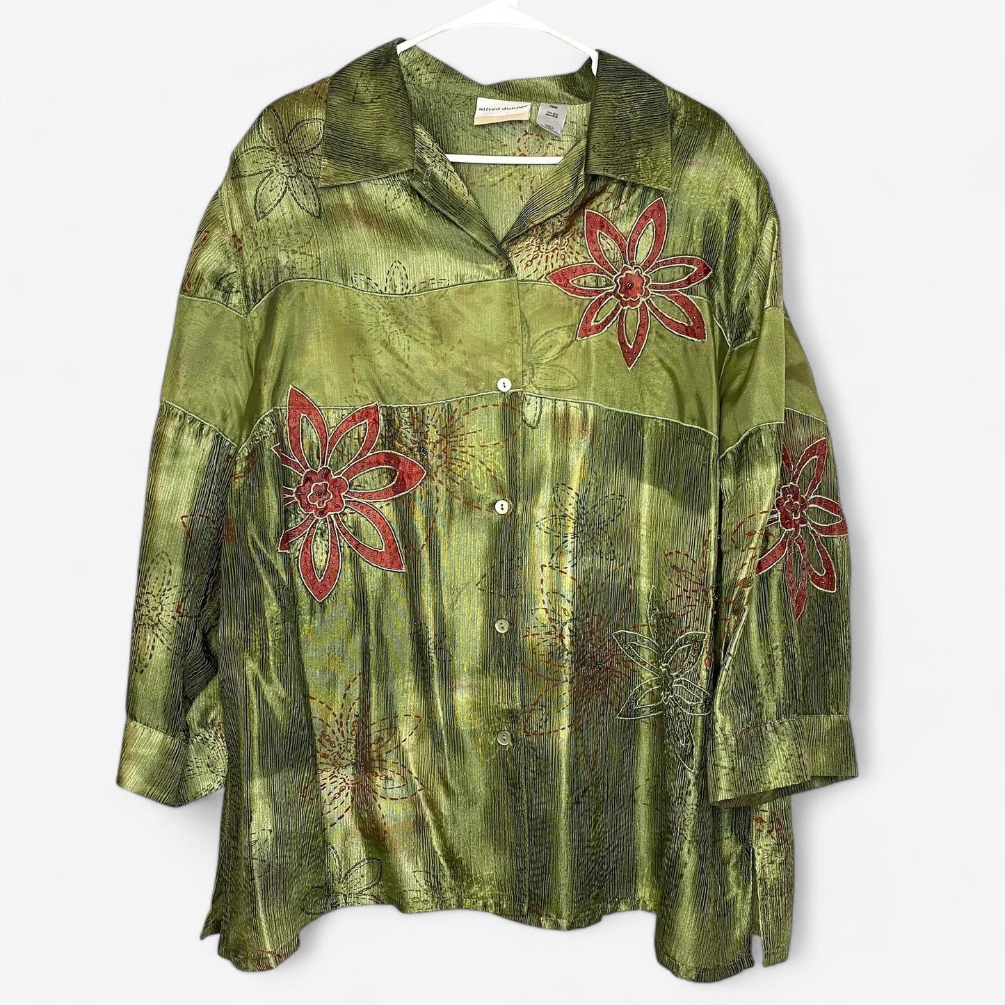 Vintage Alfred Dunner Womens 22W Green Floral L/s Silk Button-Up Blouse