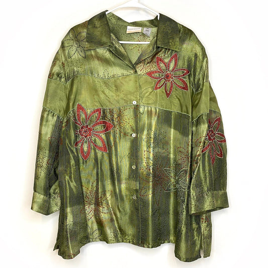 Vintage Alfred Dunner Womens 22W Green Floral L/s Silk Button-Up Blouse