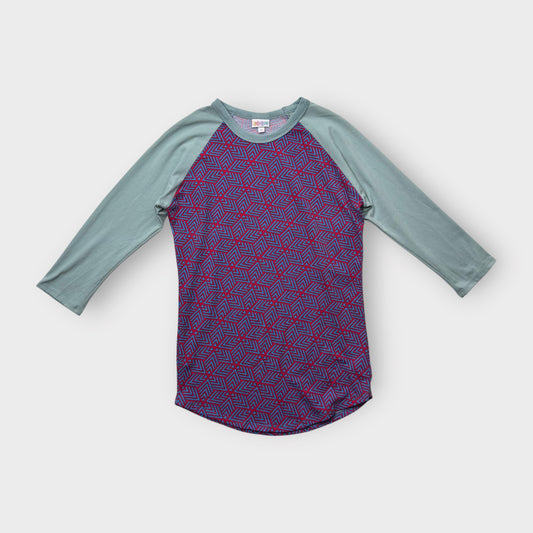 LuLaRoe Randy Tee XS (0-2) - Burgundy & Blue Geometric Print with Sage Green Raglan Sleeves - Soft Stretch Polyester Spandex