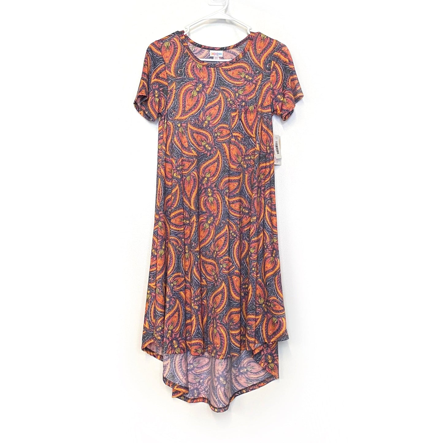 LuLaRoe Womens XXS Blue/Red/Orange Botanical-Paisley 'Carly' S/s Swing Dress NWT