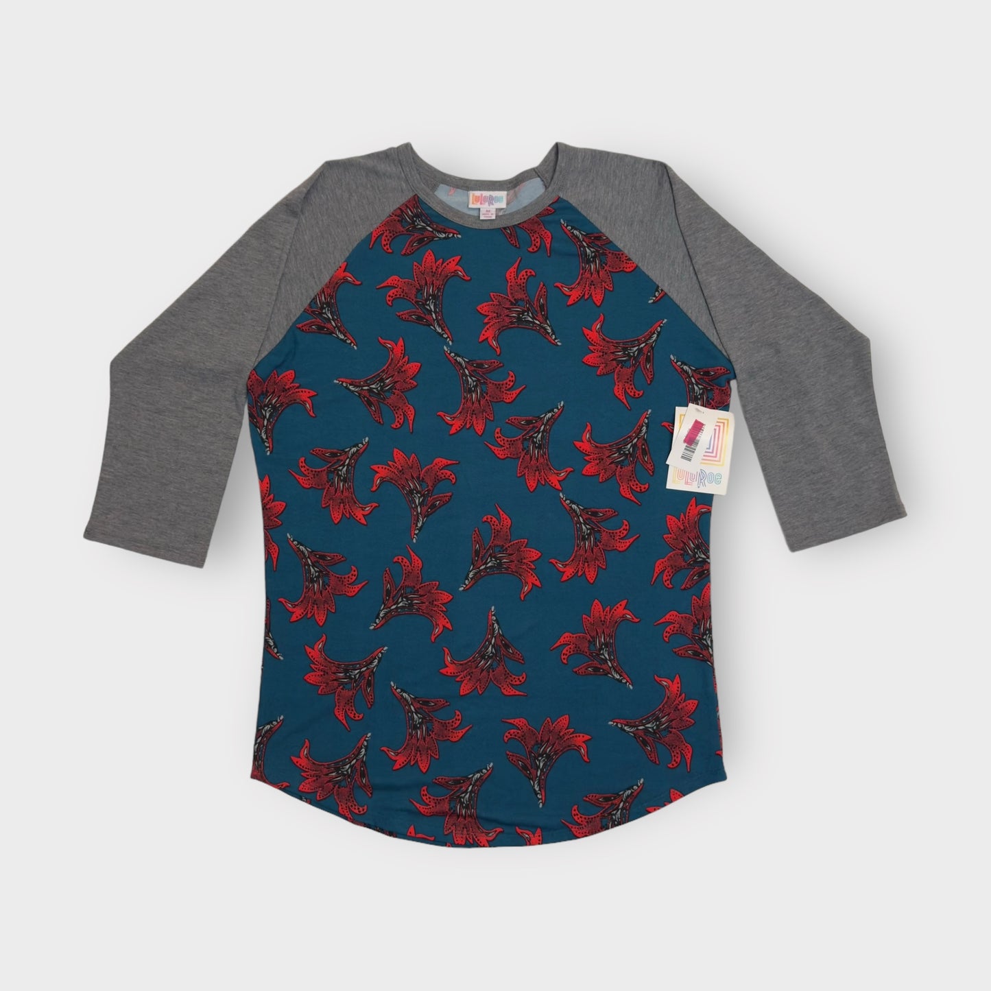 LuLaRoe Randy Raglan Tee | M | Gray/Blue/Red Floral | Colorblock | NWT