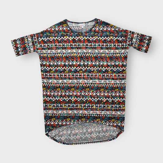 LuLaRoe Irma Tunic Top - Abstract Floral Zigzag Print - Women's XS (0-2) - High-Low Hem - Multicolor