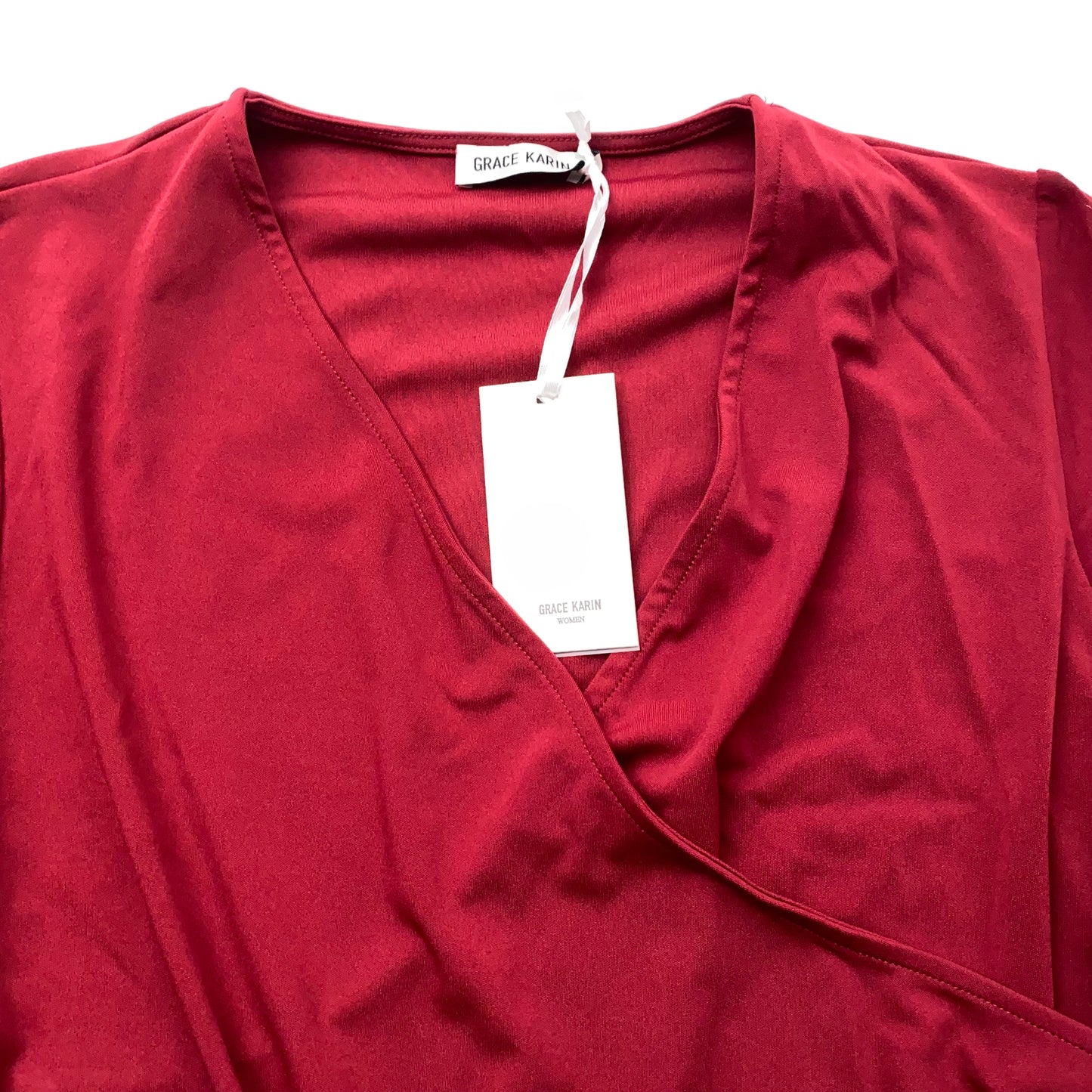 Grace Karin Women’s Wrap Top - Flowy Sleeves - Elegant Burgundy - Size Large