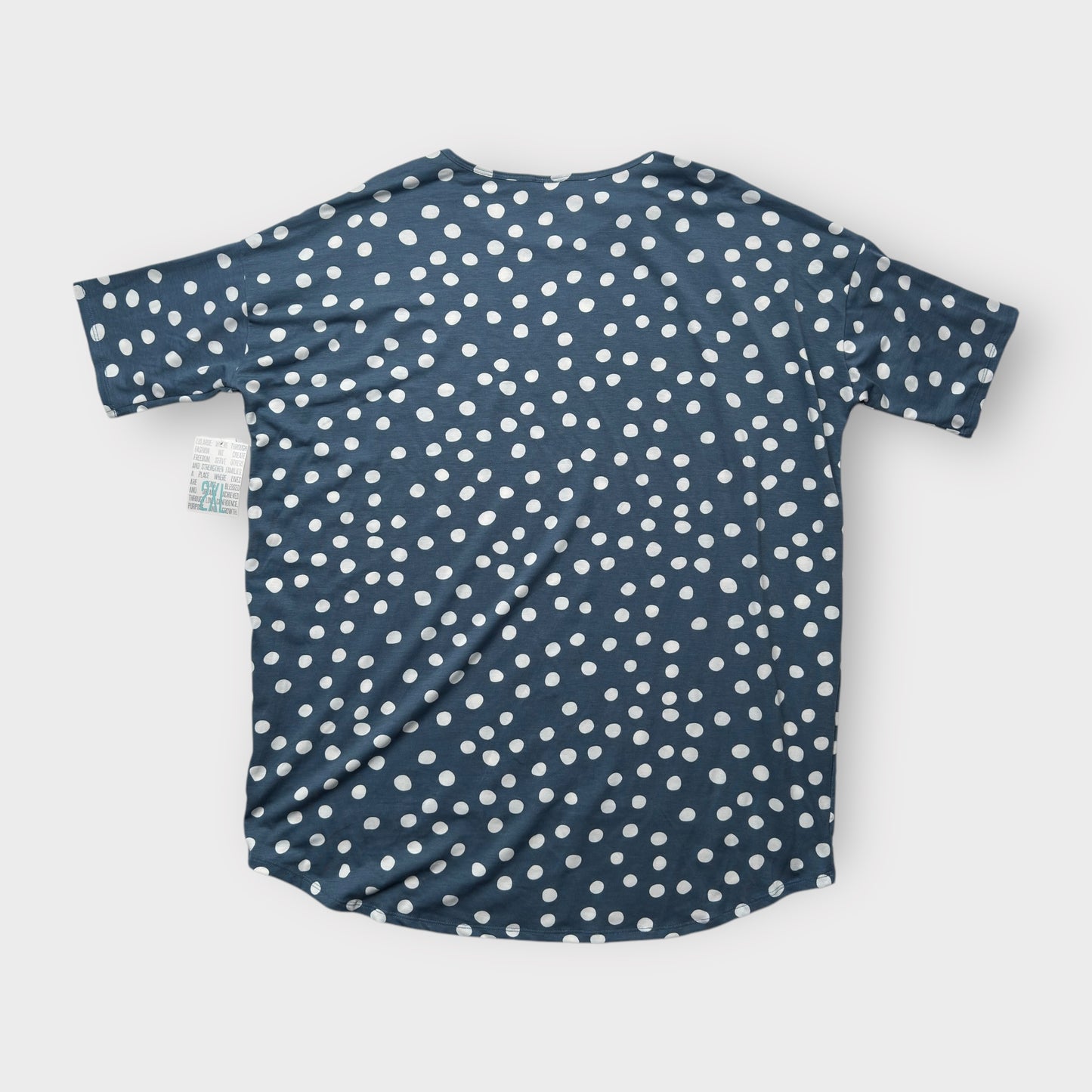 LuLaRoe Irma Tunic Top - Dusty Blue with White Polka Dot Print - 2XL (20-22) - Soft Stretch Polyester Spandex - High-Low Hem