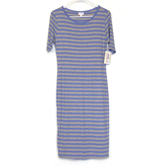 LuLaRoe Womens S Gray/Purple Striped/Ribbed Julia Shift Dress Scoop Neck ½ Sleeves NWT