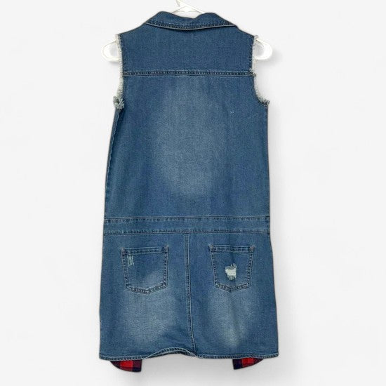 Tommy Hilfiger Girls' Denim Dress with Buffalo Plaid Lining- Blue, Size XL (16)