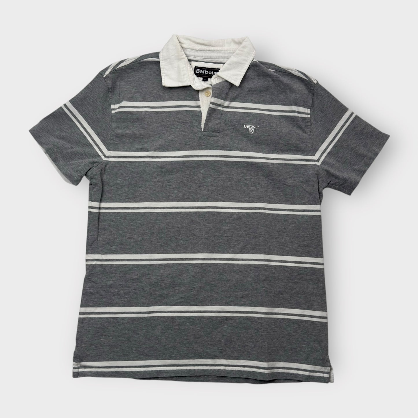 Barbour Men's Gray & White Striped 100% Cotton Short Sleeve Polo Golf Shirt - Size M - Pre-Owned