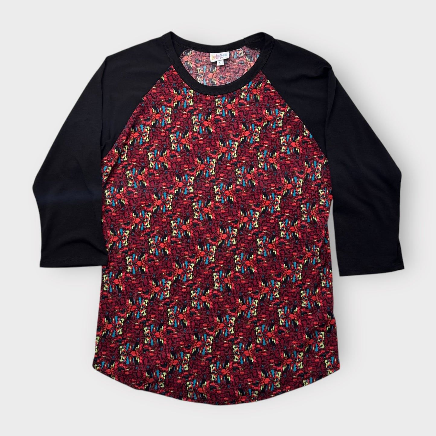 LuLaRoe Randy Baseball Tee L (12-14) - Red/Black Multicolor Abstract Geometric Print - Soft Stretch Fabric