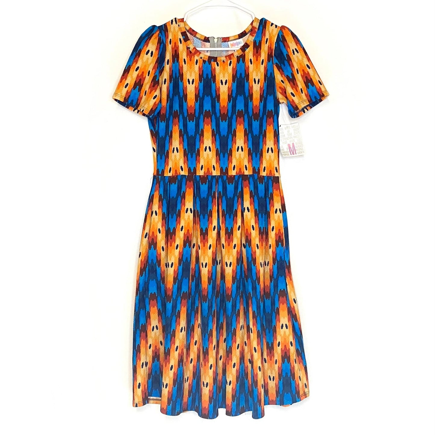 LuLaRoe Womens M Amelia Orange/Blue Abstract Wave Pattern Dress S/s NWT