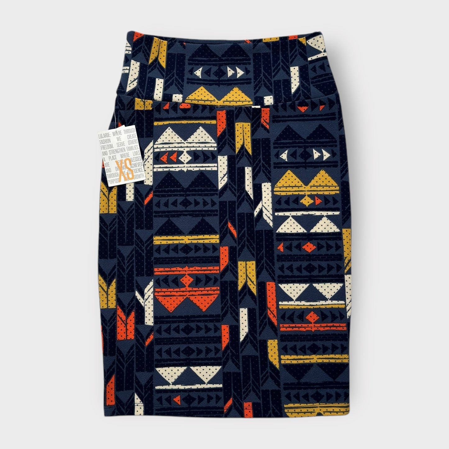 LuLaRoe Cassie Pencil Skirt - Blue Multicolor Geometric Triangles - Women's XS (0-2) - NWT